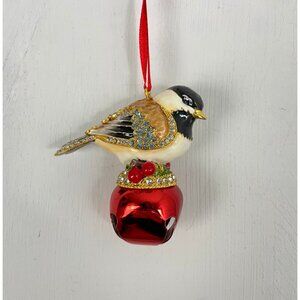 Christmas Ornament Bird Chickadee Rhinestones Berries Metal Ornate Holiday Decor